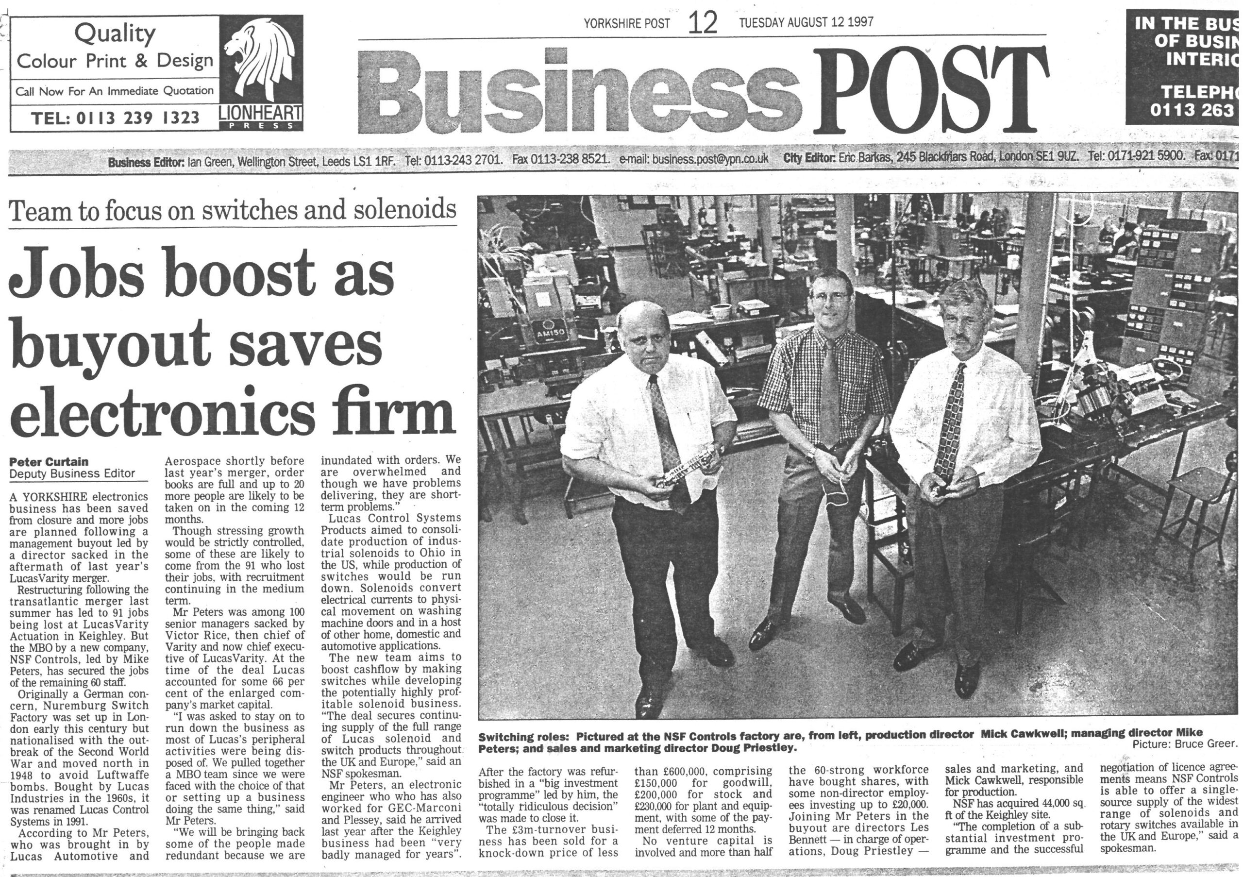 NSF Controls Management Buy Out News Article